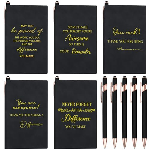 Tenare 5 Sets Inspirational Quote Gift Employee Appreciation Gift Set Includes Thank You A6 Notebooks Ballpoint Pens Pocket Notebook Journals for Teacher Coworker Colleague(Black)