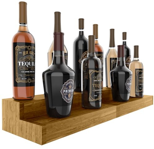 TONGMO 2 Pack Liquor Bottle Stand - 2 Tier Liquor Bar Bottle Display Shelf, Holds 16Bottles, Real Wood, Easy to Clean, No Installation Required - 15.8 Inch Each (Burnt Natural)