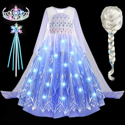 G.C Lumineux LED Robe Princesse Fille avec Perruque Couronne et Baguette Magique, Déguisement Princesse Enfant Costume pour Carnaval Halloween Noël Anniversaire (130, 7-8 Ans)