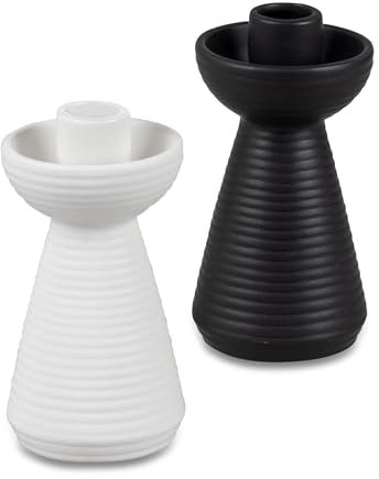 2er Set Kerzenhalter schwarz weiß | Keramik Kerzenständer für Stabkerzen | 14 cm