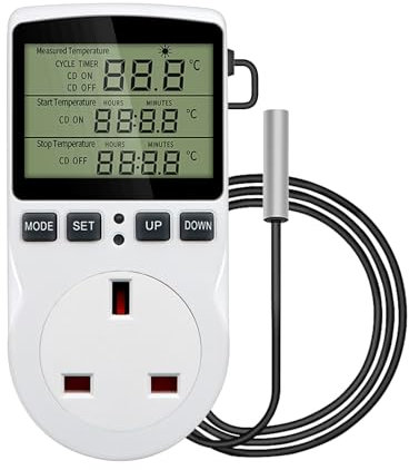 Digital Thermostat Plug Socket UK, 230V 16A Digital Thermostat Temperature Controller Socket Outlet with Sensor Probe, LCD Screen for Refrigerator Fermentation Greenhouse Freezer