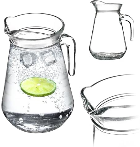 KADAX Pichet en verre robuste de 1,3 l - Avec bec verseur et poignée pratique - Carafe en verre pour boissons froides, jus, lait, thé glacé - Transparent (ourson)