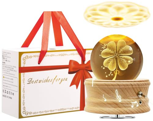 MJKOPEE Spieluhr Kristallkugel mit Licht, 3D Spieluhren 360°Drehbar Holzsockel,Musical Box für Kinder/Erwachsene/Mama/Muttertags/Geburtstag/Weihnachten Gedenkgeschenke (Vierblättriges Kleeblatt)