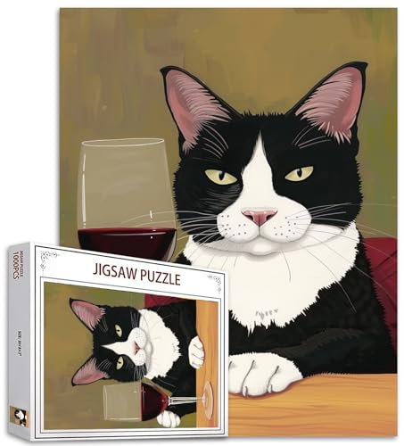Schwarze und weiße Katze trinkt Wein Puzzles für Erwachsene 1000 Stücke, Rotwein Glas Jigsaw Puzzle 20x27 Zoll Bunte Kätzchen Puzzles Familie Puzzle perfekt für Spiel Abende nach Hause Wanddekoration