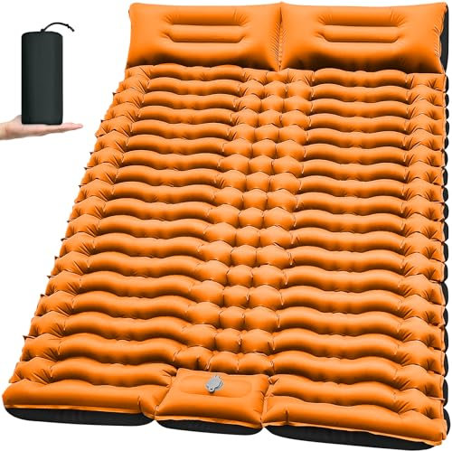 Yuzonc Doppel-Camping-Isomatte, selbstaufblasend, 10,2 cm, extra dicke Fußpresse, ultraleichte 2-Personen-Campingmatte mit Kissen für Camping, Wandern, Reisen, Rucksackreisen, Zelt, Orange