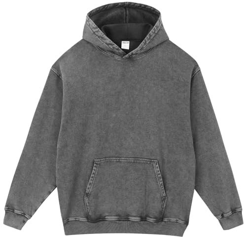 PADOLA Oversized Hoodie Pullover Herren Ausgewaschener Kapuzenpullover Dicke Baumwolle Sweatshirt Y2K Vintage Jacke Used-Look Basic Langarmshirt Rerto Strickjacke Übergangsjacke (XL, Schwarz)