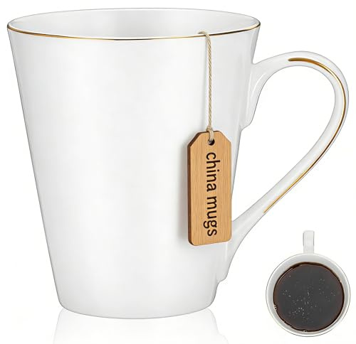 Alipis White Bone China Coffee Mugs: 12 Oz Luxury Porcelain Tea Cup with Gold Trim - Microwave Safe for Espresso Hot Cocoa Milk Cappuccino Home Office