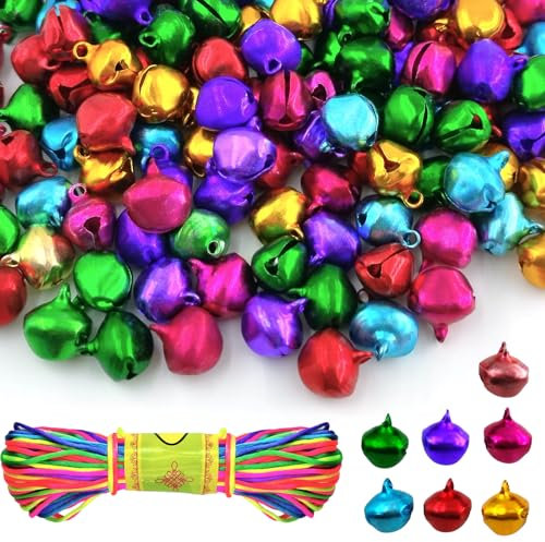 150 Stück Metallglöckchen, 14 mm Glöckchen mit Ösen,mit 20m bunt Seil, Bastelglocken Bells Kleine Glocken Weihnachtsglocken für Festivaldekorationen,Schmuckherstellung, Hundehalsbänder(7 Farben)
