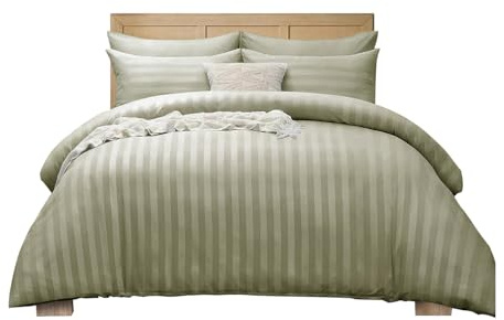 APEX FURNISHINGS Satin Stripes Super King Duvet Cover Set Reversible Soft Breathable Microfiber Bedding with 2 Pillowcases, Super King Bed Set (Beige)