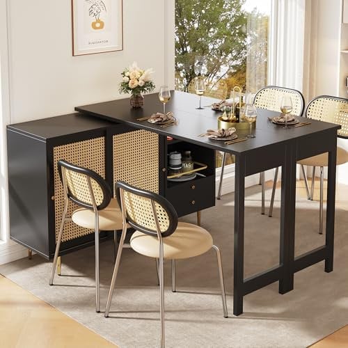 Merax Ausziehbarer Bartisch mit Stauraum, Um 360° drehbarer Stehtisch mit klappbarem Esstisch, schwarzer ausziehbarer Design-Stehtisch, mit Rattantür & Lagerregal, Schwarz/120-187X80X76CM