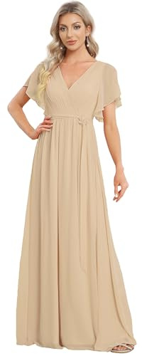 Ever-Pretty Kleid für Hochzeit, Gast, lang, Damen, V-Ausschnitt, Chiffon, A-Line, kurzärmlig, Plissee, schick, EE0164A, Champagne, 40