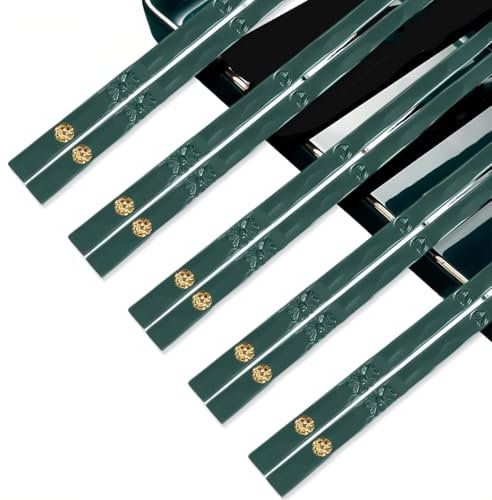 JEYORZY 5 Pares Palillos de Reutilizables, Palillos de Aptos Para Lavavajillas, Altos Palillos Chinos de Calidad de Lujo Plaza Juego de Regalo-verde