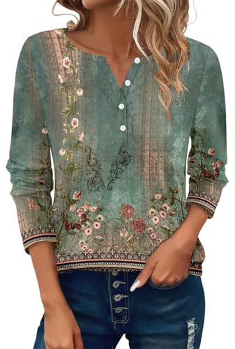 V-Ausschnitt Tops für Frauen UK Langarm Mode Druck Damen Button Down Shirts Slim Fit Casual Blusen für Frauen Leichte Atmung Basic Tops Elegante Sommer Tops für Frauen Übergröße Tunika Tops, grün, L