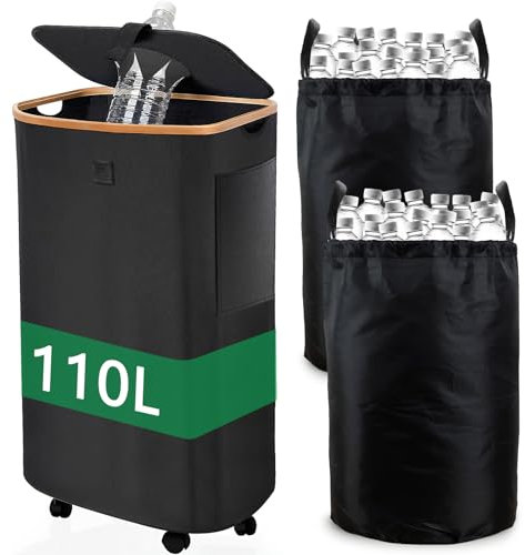 Yichalodge Botellas de depósito de 110 litros con tapa, recipiente grande, vacío, almacenamiento de botellas de depósito, con 2 bolsas para cocina, almacenamiento, bolsa para botellas, color negro