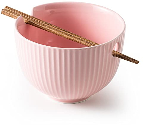 KAMAIDI Ceramic Ramen Noodle Bowl with Matching Chopsticks, Soup Bowls for Udon Soba Pho Asian Noodles, Dishwasher and Microwave Safe, 28 oz (1-Bowl-Pink)