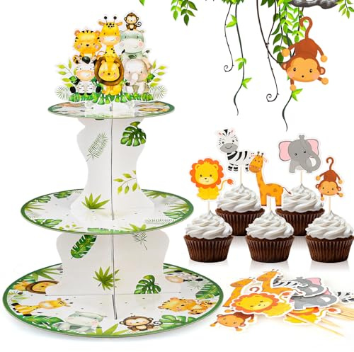 Dncvb Cupcake Ständer Tiere Muffin Ständer mit 10 Dschungel Cupcake Toppers Safari Etagere Pappe Muffinständer für Tiere Deko Geburtstag Tischdekoration
