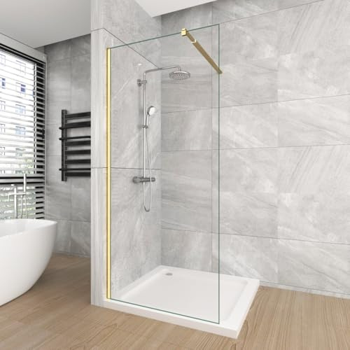 T&K 800x1900 mm Walk in Shower Enclosure Wetroom Shower Screen Panel Gold Framed, 8mm Tougheded Glass Safety Double-Sided Easy Clean Glass with Telescopic Support Bar