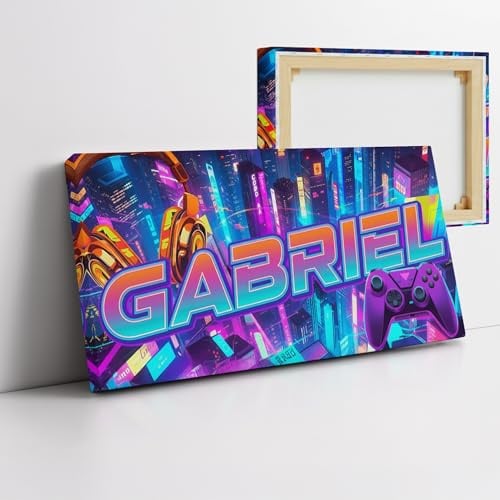 Leinwand, personalisierbar, Vorname für Jungen, Gamer-Design, Dekoration für Kinderzimmer oder Jugendliche, Gaming, Neon, Controller, Geschenk, personalisierbar, Geburtstag, Weihnachten, Leinwand