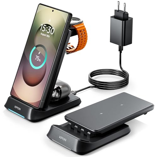 KPON 3 in 1 Induktive Ladestation für Samsung S26-S22/Z Flip/Fold7/FE | Wireless Charger, Faltbar Reiseladegerät für Galaxy Watch Ultra/8-4 & Galaxy Buds (Not für Watch 9/Ultra2)
