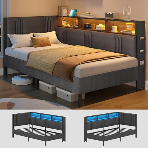 Hzuaneri Polsterbett Schlafsofa 200×90cm, Einzelbettgestell mit LED-Beleuchtung und Ladestation, Jugendbett mit 3 Staufächern, Bettgestell Lattenrost aus Metall, Dunkelgrau, Modern, BF40304B