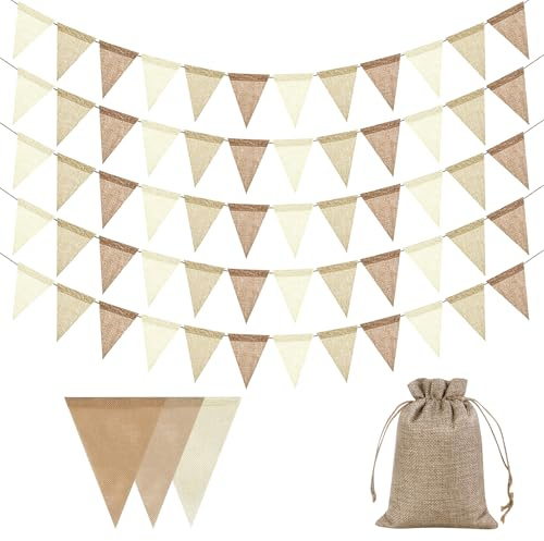 5 Stück Wimpelkette Outdoor Wetterfest, 20M Party Wimpel Girlanden Beige Braun, Wiederverwendbar Jute Wimpelgirlande, für Baby Shower, Hochzeit, Geburtstag, Taufe Dekoration