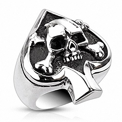 Mianova Herren Ring Edelstahl Massiv Breit Herrenring Männer Biker Rocker Schmuck Silber Poliert Totenkopf Pik Ass Größe 54 (17.2)