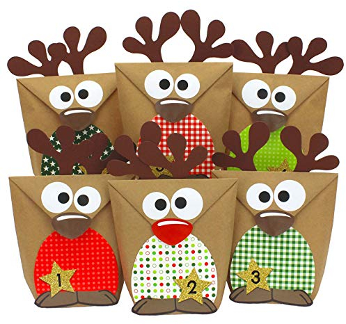 Papierdrachen DIY Adventskalender 2024 zum Befüllen - Rentiere mit roten Bäuchen zum selber Basteln - 24 Tüten zum individuellen Gestalten und zum selber Füllen - Weihnachten für Kinder