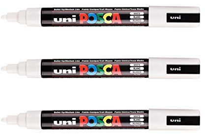 POSCA Mitsubishi Pencil - 3 Marqueurs Blancs PC5M - Pointe Conique Pointe Moyenne - Marqueur Peinture à Base d'Eau - Tout Support - Pour Papier, Textile, Verre, Galet, Bois, etc.
