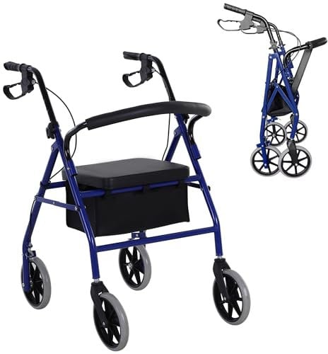 HOMCOM Andador para Adultos Plegable Con Almacenaje Asiento y Frenos 65x53x79-89 cm Azul y Negro