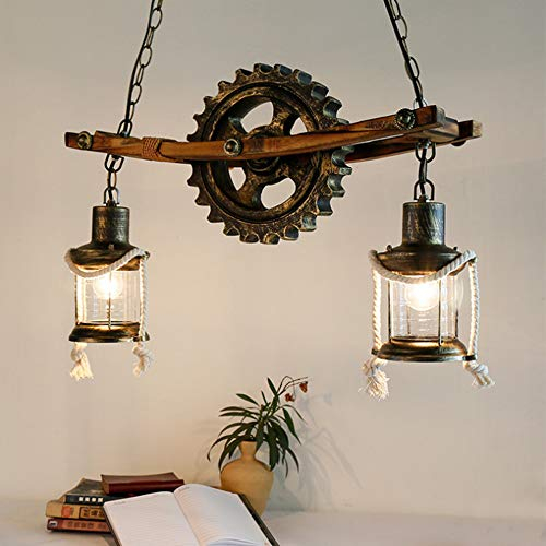 E27 Industrieller Retro Pendelleuchte Massivem Holz Esstisch Lamp Antike Getriebeleuchten Wohnzimmer Kronleuchter Höhenverstellbare Schlafzimmer Hängelampe Bar Dekoration Deckenleuchten (2 Flamme A)