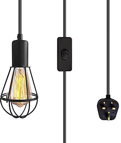 Vintage Suspended Pendant Light Ceiling Lighting Fitting, E27 Lamp Holder with 6M Plug and Switch, Industrial Plug in Ceiling Lights, Retro Cage Hanging Lights Plug in Pendant Lights for Loft