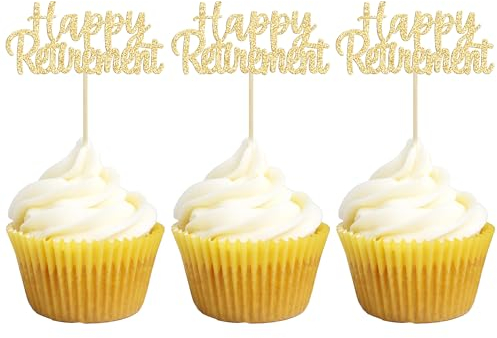 Gyufise 36 Pack Gold Glitter Happy Retirement Cupcake Toppers Retired AF Cupcake Picks Retirement Theme Birthday Party Cake Decorations Supplies