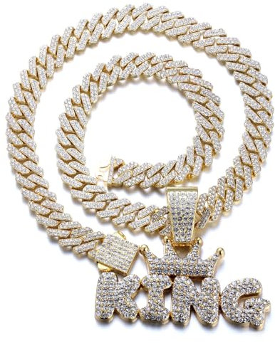 Halukakah 18K Echtgold Anhänger-Halsketten für Männer - Über 1000 Diamanten - Kubanische Gliederkette - Geclusterte Diamanten Kronen King Buchstaben Anhänger - Hip-Hop-Stil - mit Geschenkbox