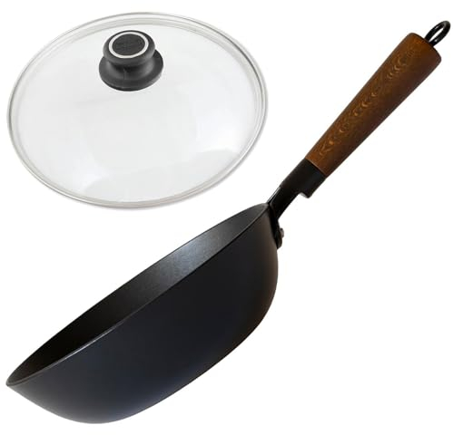 BAF induktive Wokpfanne Ø 24 cm mit Deckel (Set) - hoher Rand - kleiner Stielwok Induktion beschichtet aus Gusseisen mit Holzgriff
