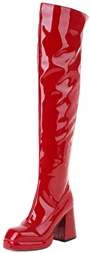 MJIASIAWA Donna Festa Sopra Il Ginocchio Moda Tacco Chunky Plateau Warm Vernice Prom Boots Vestito Inverno Serata Stivali Equitazione Zip Rosso Numero 40 EU/41 Asiatico