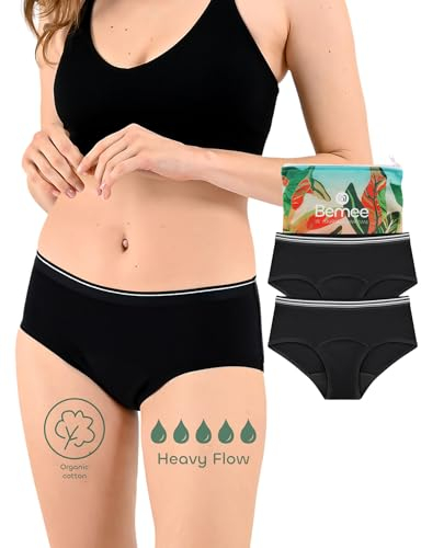BeMee Nighttime Hipster aus Bio-Baumwolle, Perioden-Slip, Menstruations-Unterwäsche, auslaufsicher bei starker Blutung für Teenager, schwarz, Größe XS, Doppelpack