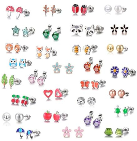 30 Pairs Stainless Steel Mixed Animals Heart Star Ladybug Bee Frog Mushroom Tree Daisy Umbrella Stud Earrings Set Kids