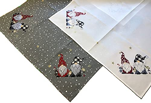 texpot Tischläufer 40 x 140 cm hellgrau mit Stickerei Wichtel Winter Advent Weihnachten