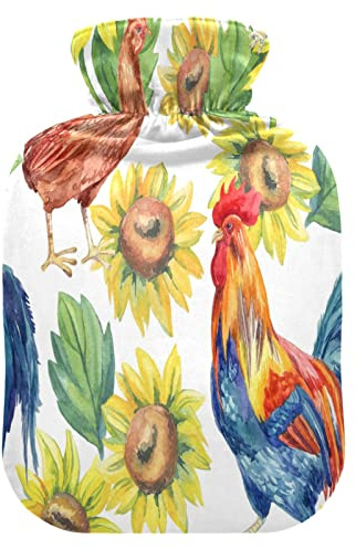 Sonnenblume Huhn Wärmflasche mit weichem Fleecebezug, 2 Liter großer Wärmbeutel für Warm- und Kaltkompressen