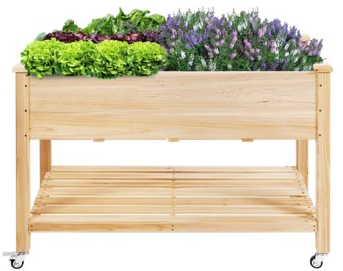 RELAX4LIFE Hochbeet mit 4 Rädern, Blumenbeet Holz, Pflanzbeet mit Ablage & Bewässerungssystem, Blumentrog für Gemüse & Obst & Kräuter, Anzuchtbeet für Garten Balkon Terrasse, 120 x 59 x 84 cm