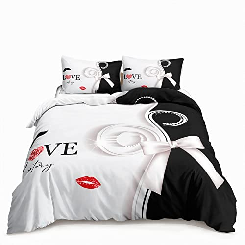 TAKOLI Bettwäsche 200 x 220 Lippen Drucken, Weiche Microfaser Küsschen Maul Motiv Bettwäsche Set 3 teilig - Partner Paare Bettbezug & 2 Kissenbezüge 80x80, mit Reißverschluss