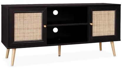 Alice's Home - Meuble TV en cannage 120x39x56.5cm - Bohème - Noir. 2 Niveaux. 2 étagères. 2 Portes. Pieds scandinaves