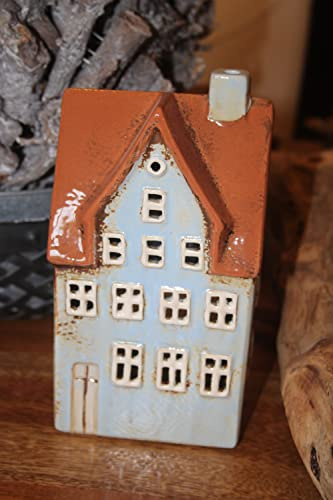 Haus aus Keramik/Windlicht hellblau Villa Anton, H 20 cm, B 10,5 cm, T 7,5 cm