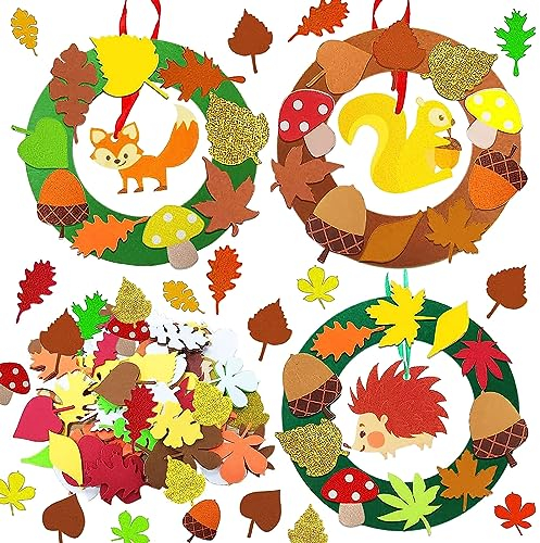 Herbst Basteln Kinder Set, Herbst Basteln Filz Kränze Dekorative, Filz Bastelset Herbst mit Eichhörnchen Fuchs Igel, DIY Filz Herbst Basteln Herbstkranz, Kreative Geschenke für Kinder zur Herbstdeko