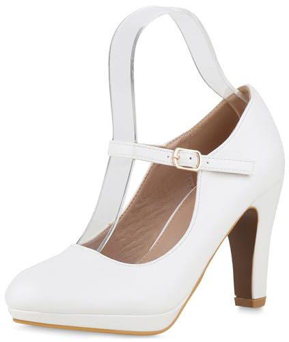 VAN HILL Damen Mary Janes Trichterabsatz Basic Klassisch Schuhe 213606 Weiss Trendy 38