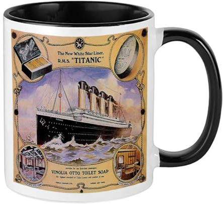 Vintage White Star Line Titanic Vinolia Otto Toilet Soap Poster, 11oz Inside Coloured Ceramic Mug. (Black)