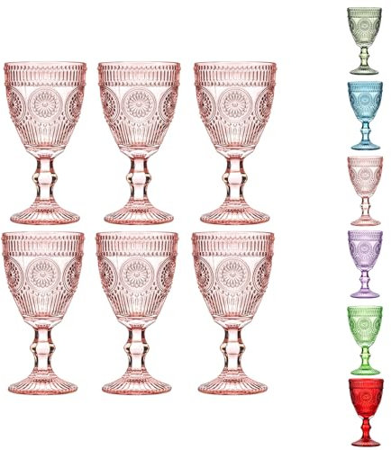 Pink Vintage Wine Glasses Set of 6, 10 Ounces Colored Glass Water Goblets, Unique Floral Embossed Pattern High Clear Stemmed Glassware Wedding Party Bar Drinking Cups Fancy Glasses Hand Wash Only