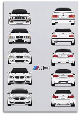 KTIN Sportwagen-Poster BMW E30 E36 E46 E92 M3 Modell Evolution - Dekorative Malerei, Leinwand, Wandkunst - Modernes Familienschlafzimmer-Dekor - 40 x 60 cm