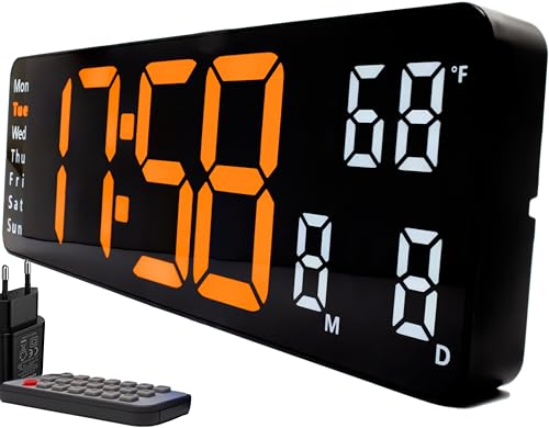 Opis Clock 1 XL Orange/Weiß: Wanduhr Digital mit Temperaturanzeige, die Große Leuchtende LED Digitaluhr ohne Tickgeräusch