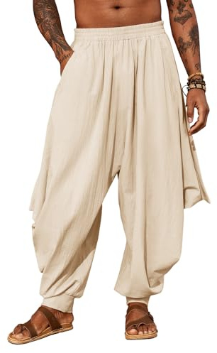 PASLTER Haremshose für Herren, Leinen, Yoga, Strand, Baggy, Sommer, Boho, Aladin, Genie